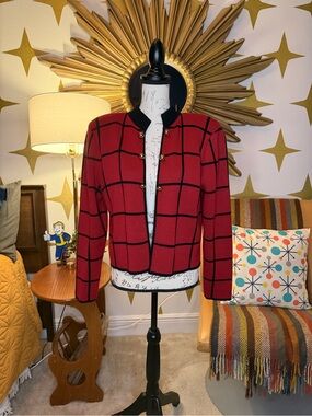 Vintage 80’s Leslie Fay Red Windowpane Jacket with Black Trim and Gold Buttons